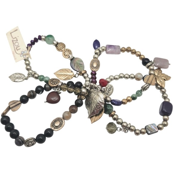 Lizou Jewelry - Boho Gemstones Glass Leaf Charms MOP 4 Stretch Bracelets Set Stackable Hippie